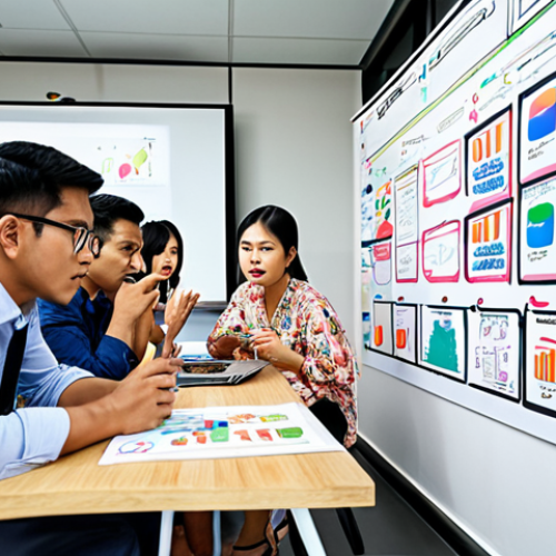 **

"A vibrant digital marketing team brainstorming content ideas at a modern office in Bangkok. Thai script on a whiteboard with sketches of infographics, video thumbnails, and social media posts. Focus on collaboration and creativity."

**