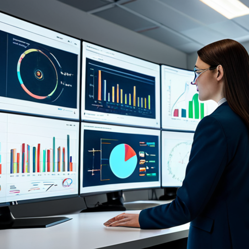 A professional data analyst, fully clothed in a modest business suit, observing multiple holographic data displays in a modern, well-lit office. The screens show intricate charts, graphs, and audience insights. Her hands are naturally placed, perfect anatomy, correct proportions, well-formed hands. The atmosphere is focused and intelligent. Safe for work, appropriate content, professional dress, family-friendly, high-quality, professional photography, realistic rendering.