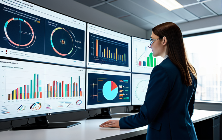 A professional data analyst, fully clothed in a modest business suit, observing multiple holographic data displays in a modern, well-lit office. The screens show intricate charts, graphs, and audience insights. Her hands are naturally placed, perfect anatomy, correct proportions, well-formed hands. The atmosphere is focused and intelligent. Safe for work, appropriate content, professional dress, family-friendly, high-quality, professional photography, realistic rendering.