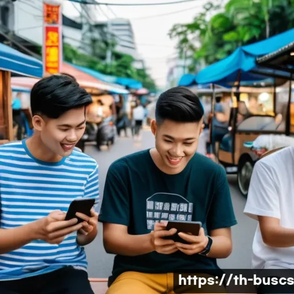 인 미디어 트렌드와 전망 - A vibrant digital marketing scene in Bangkok featuring diverse Thai young adults engaging with vario...