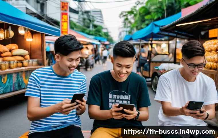 인 미디어 트렌드와 전망 - A vibrant digital marketing scene in Bangkok featuring diverse Thai young adults engaging with vario...