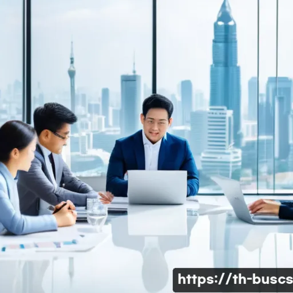 인 미디어 비즈니스 확장을 위한 파트너십 - A modern business meeting scene showing diverse Thai media professionals collaborating around a slee...