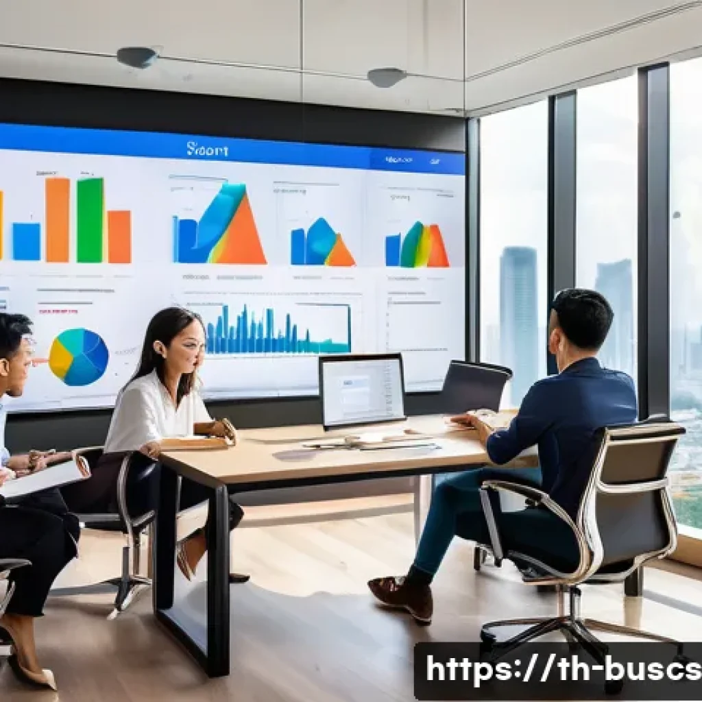 인 미디어 비즈니스의 지속적인 개선 프로세스 - A modern digital marketing team in a sleek Bangkok office, collaborating intensely around a large sc...