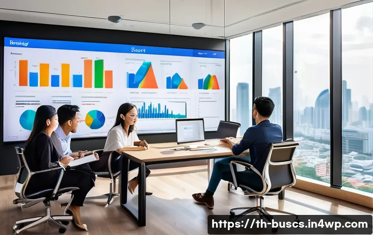 인 미디어 비즈니스의 지속적인 개선 프로세스 - A modern digital marketing team in a sleek Bangkok office, collaborating intensely around a large sc...