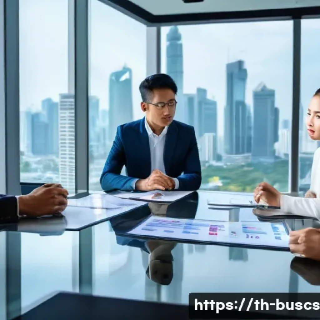 인 미디어 비즈니스에서의 위기 관리 전략 - A professional business crisis management team in a modern Bangkok office, diverse Thai professional...