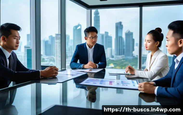 인 미디어 비즈니스에서의 위기 관리 전략 - A professional business crisis management team in a modern Bangkok office, diverse Thai professional...