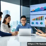 Home 21 인 미디어 비즈니스에서의 스케일업 전략 - A modern digital media marketing team in a sleek Bangkok office, diverse Thai professionals collabor...