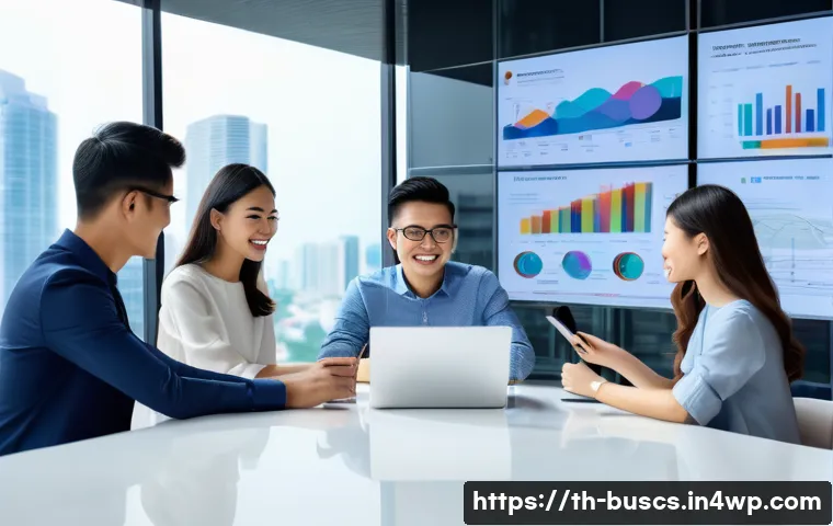 인 미디어 비즈니스에서의 스케일업 전략 - A modern digital media marketing team in a sleek Bangkok office, diverse Thai professionals collabor...