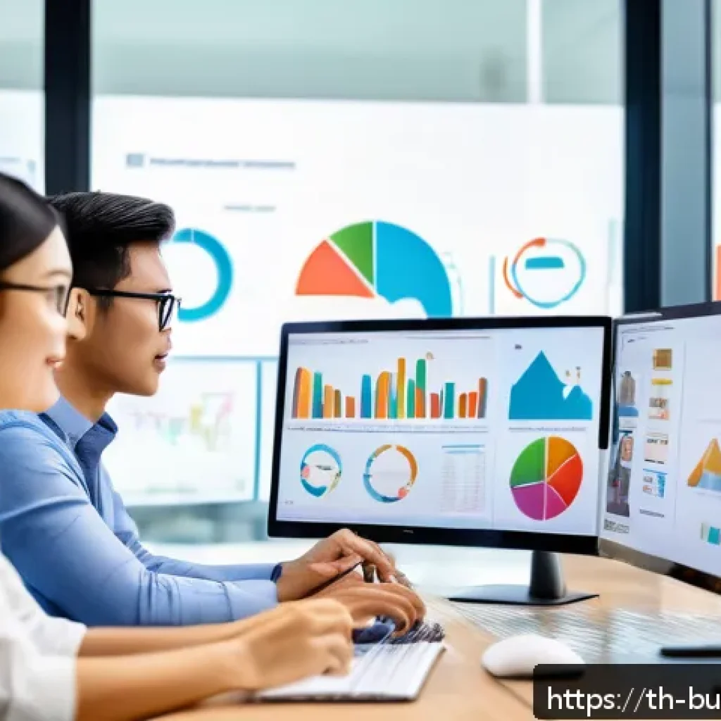 인 미디어 비즈니스의 시장 조사 방법 - A modern digital marketing team in a bright Bangkok office, analyzing colorful charts and graphs on ...