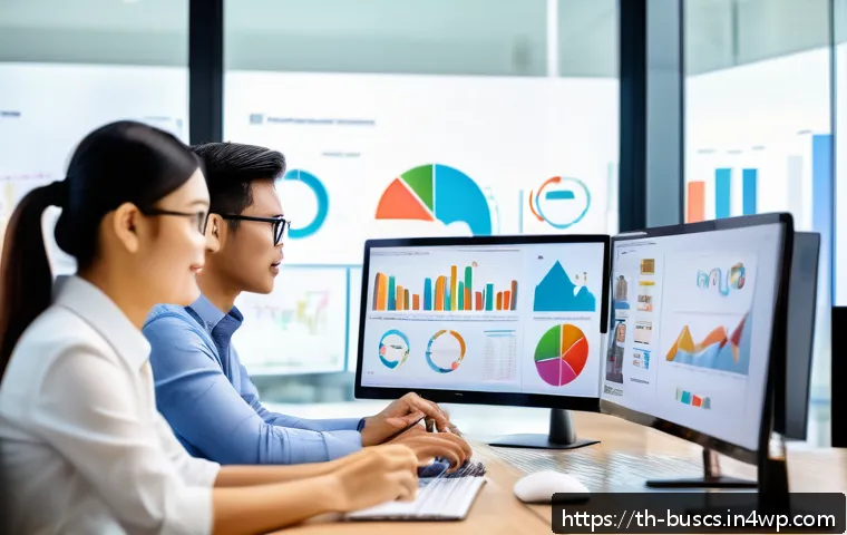 인 미디어 비즈니스의 시장 조사 방법 - A modern digital marketing team in a bright Bangkok office, analyzing colorful charts and graphs on ...