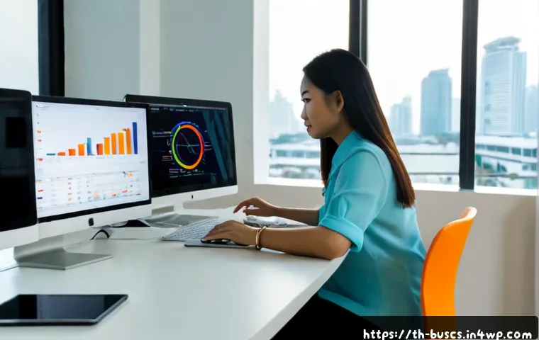 Home 17 인 미디어 콘텐츠 배포 채널 분석 - Photorealistic Thai digital marketing analyst in a modern Bangkok office, seated at a clean desk com...